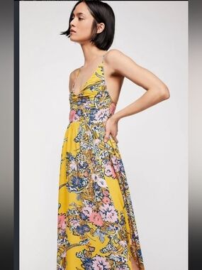 Free People Size SP Through the Vine Maxi Dress Yellow & Pink Floral Side Slits
